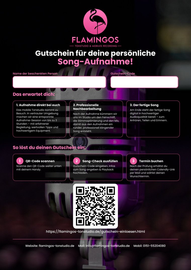 Vorschau Tonstudio-Gutschein „Gutschein für deine persönliche Song-Aufnahme“ von Flamingos Mobiles Tonstudio
